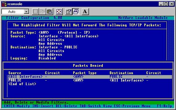 FILTCFG.NLM, Configure TCPIP Filters, Packet Forwarding Filters, Filters